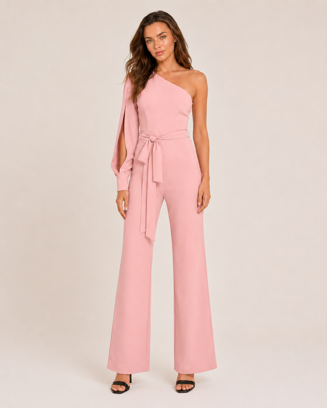 Elegante tuta monospalla con cintura per donne – Tuta aderente con pantaloni a zampa per serate ed eventi