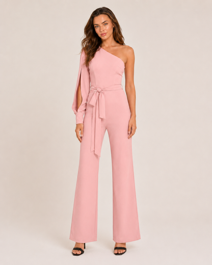 Elegante tuta monospalla con cintura per donne – Tuta aderente con pantaloni a zampa per serate ed eventi