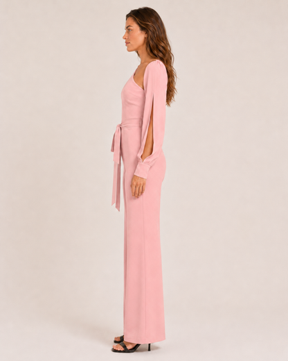 Elegante tuta monospalla con cintura per donne – Tuta aderente con pantaloni a zampa per serate ed eventi