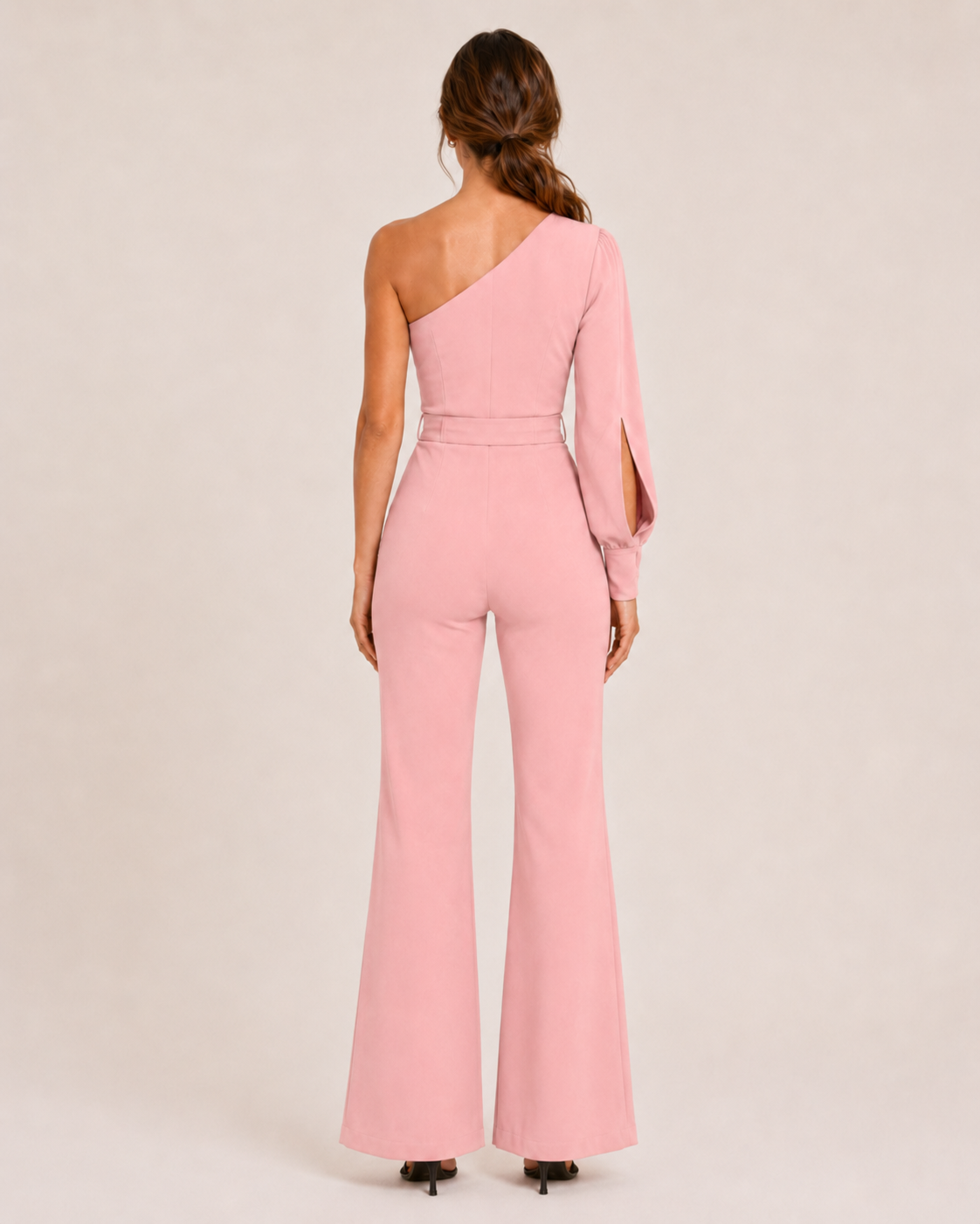 Elegante tuta monospalla con cintura per donne – Tuta aderente con pantaloni a zampa per serate ed eventi