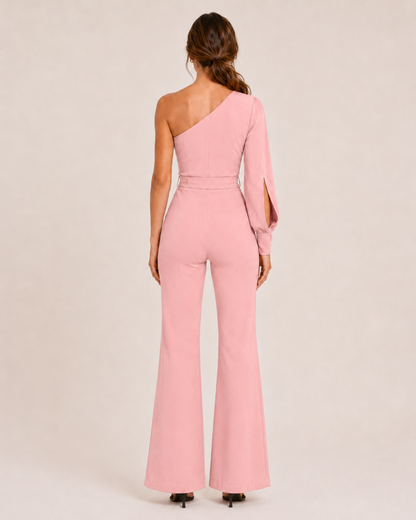 Elegante tuta monospalla con cintura per donne – Tuta aderente con pantaloni a zampa per serate ed eventi