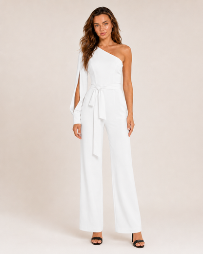 Elegante tuta monospalla con cintura per donne – Tuta aderente con pantaloni a zampa per serate ed eventi