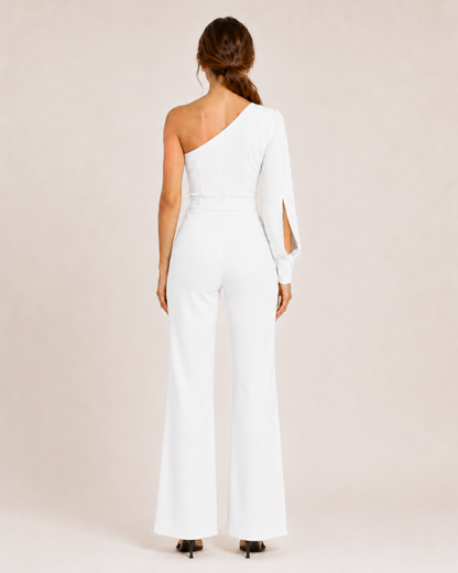 Elegante tuta monospalla con cintura per donne – Tuta aderente con pantaloni a zampa per serate ed eventi
