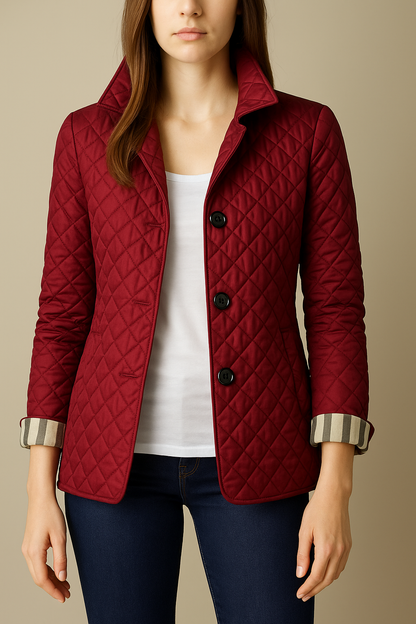 Virelia - Elegante cappotto primaverile in seta con motivo a quadri, bottoni e fodera interna