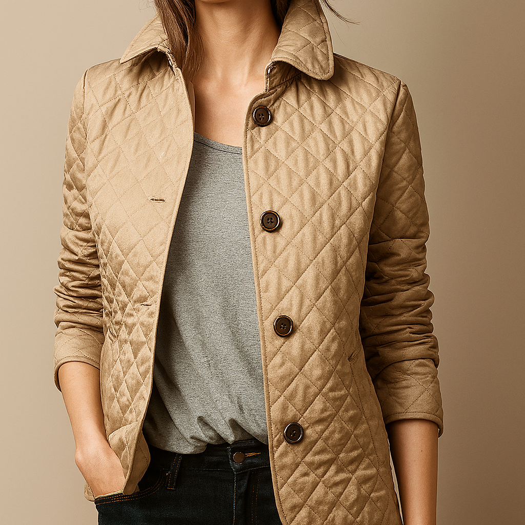 Virelia - Elegante cappotto primaverile in seta con motivo a quadri, bottoni e fodera interna