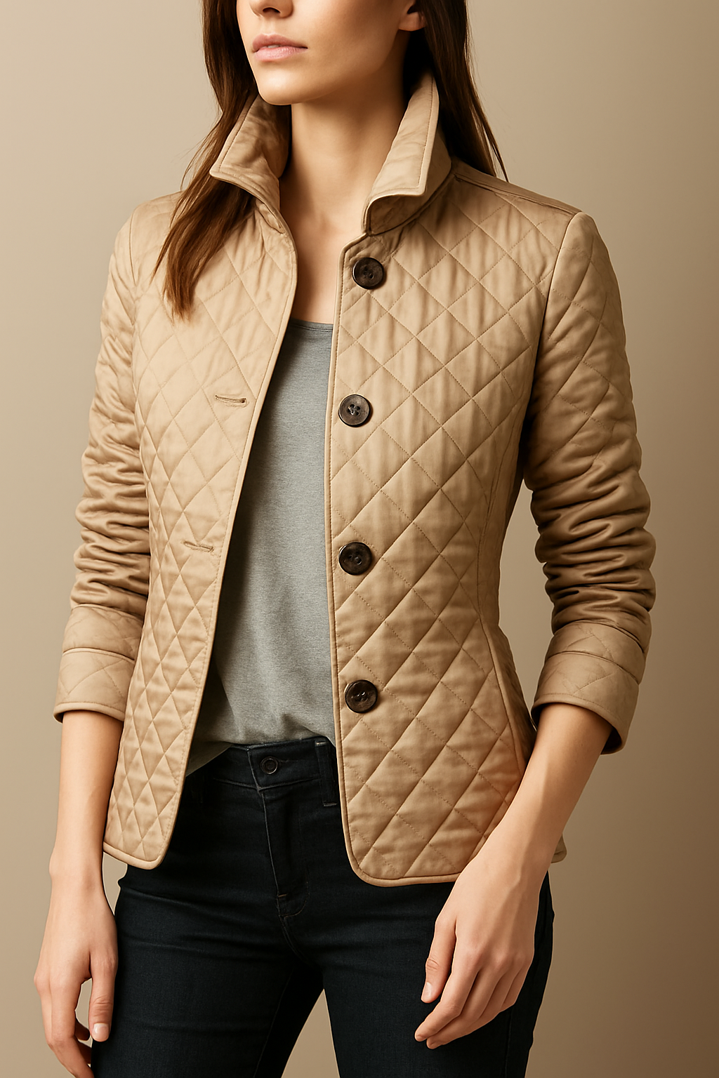 Virelia - Elegante cappotto primaverile in seta con motivo a quadri, bottoni e fodera interna