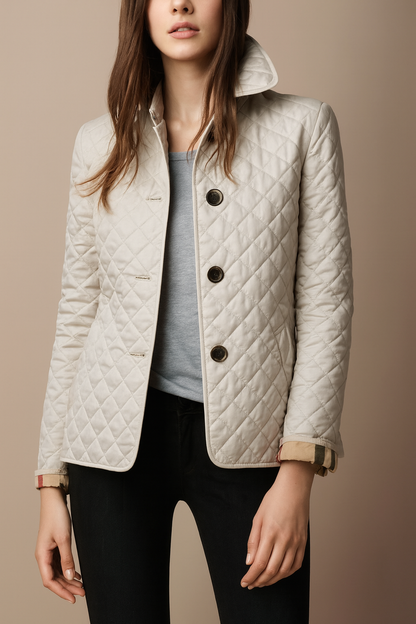 Virelia - Elegante cappotto primaverile in seta con motivo a quadri, bottoni e fodera interna