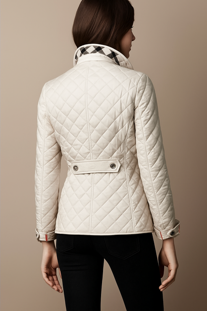Virelia - Elegante cappotto primaverile in seta con motivo a quadri, bottoni e fodera interna