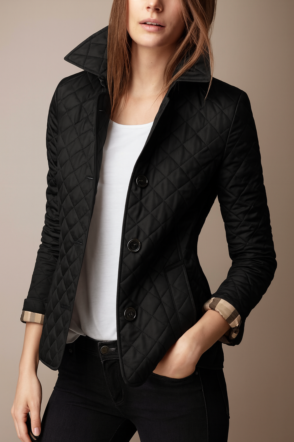 Virelia - Elegante cappotto primaverile in seta con motivo a quadri, bottoni e fodera interna