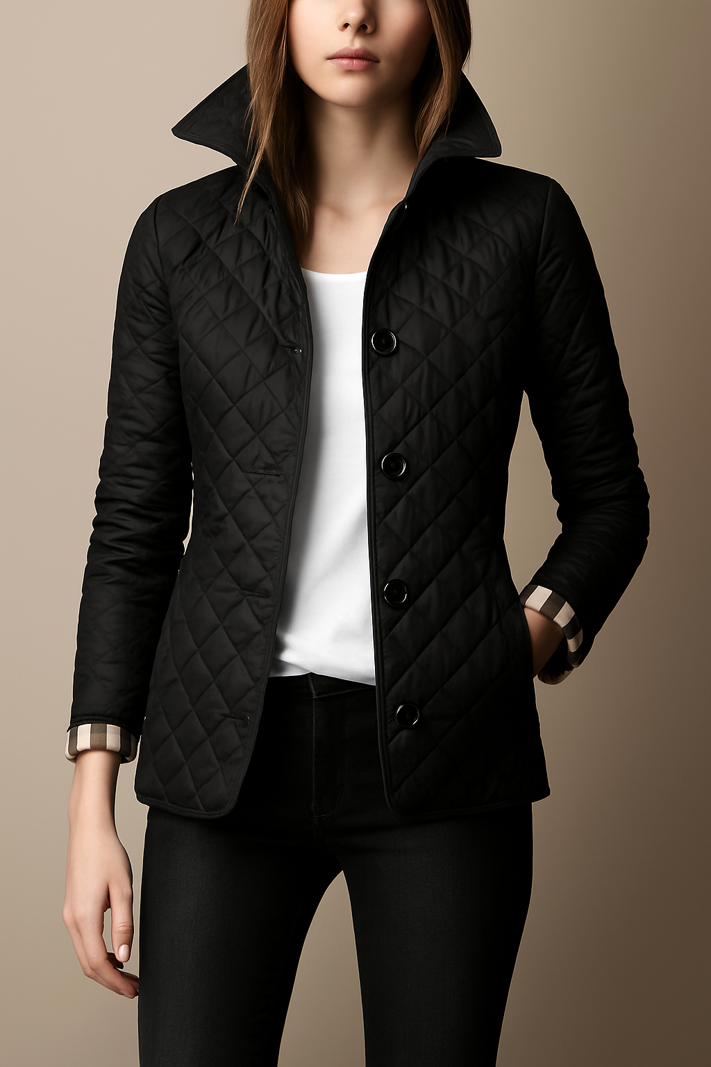 Virelia - Elegante cappotto primaverile in seta con motivo a quadri, bottoni e fodera interna