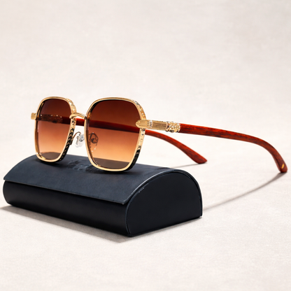 Occhiali da sole vintage per donne – Montatura dorata con aste in effetto legno & protezione UV400