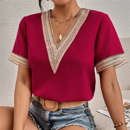 Jovelle - Elegante T-shirt estiva da donna con pizzo all'uncinetto e scollatura a V