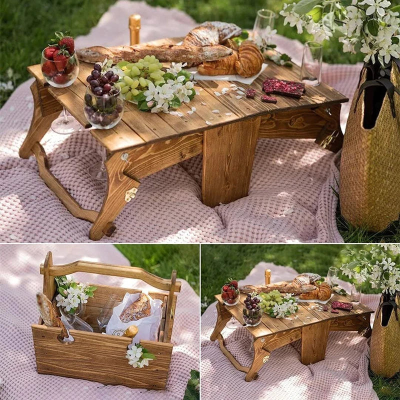 Tavolo da picnic pieghevole in legno con cestino da trasporto – Vassoio multifunzionale per esterni per giardino e campeggio