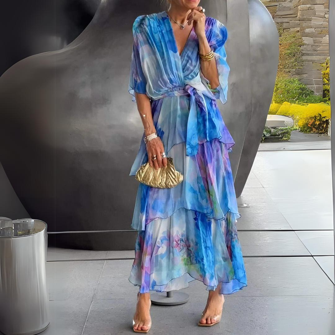Elegante Maxidress per donne con sfumature Abito estivo leggero con volant e cintura