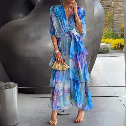 Elegante Maxidress per donne con sfumature Abito estivo leggero con volant e cintura