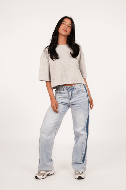 Caliréa - Jeans a gamba dritta con striscia laterale blu scuro per un effetto gambe più lunghe