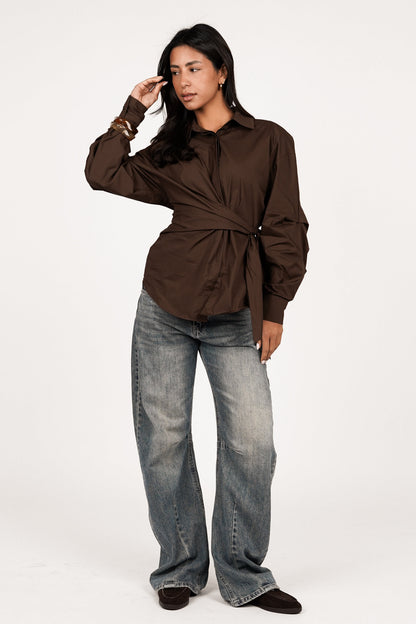 Aubérisse - Blusa oversize in marrone con nodo laterale, trendy, per donne
