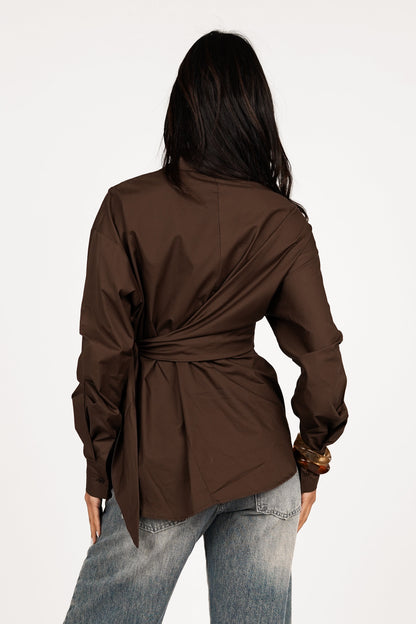 Aubérisse - Blusa oversize in marrone con nodo laterale, trendy, per donne