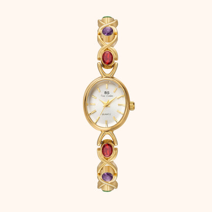 Elegante orologio da polso con design di pietre preziose per donne – Orologio al quarzo dorato in stile gioiello