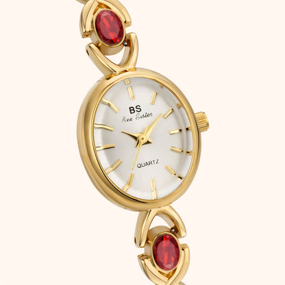 Elegante orologio da polso con design di pietre preziose per donne – Orologio al quarzo dorato in stile gioiello