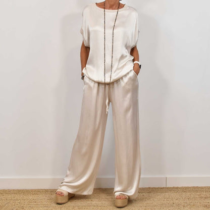 Rosalique - Insieme Satin Chic – Top Fluttuante & Pantaloni Ampi