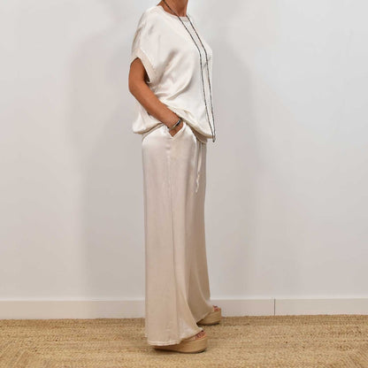 Rosalique - Insieme Satin Chic – Top Fluttuante & Pantaloni Ampi