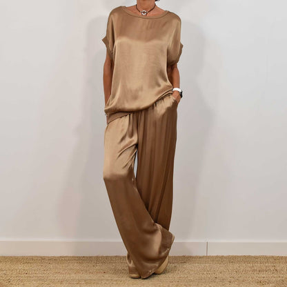 Rosalique - Insieme Satin Chic – Top Fluttuante & Pantaloni Ampi
