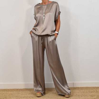 Rosalique - Insieme Satin Chic – Top Fluttuante & Pantaloni Ampi