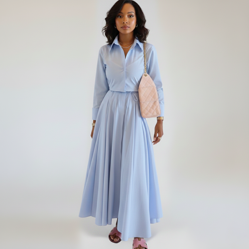 Elegante vestito midi in stile camicia con taglio aderente e gonna fluida per donne – Femminile e Stiloso