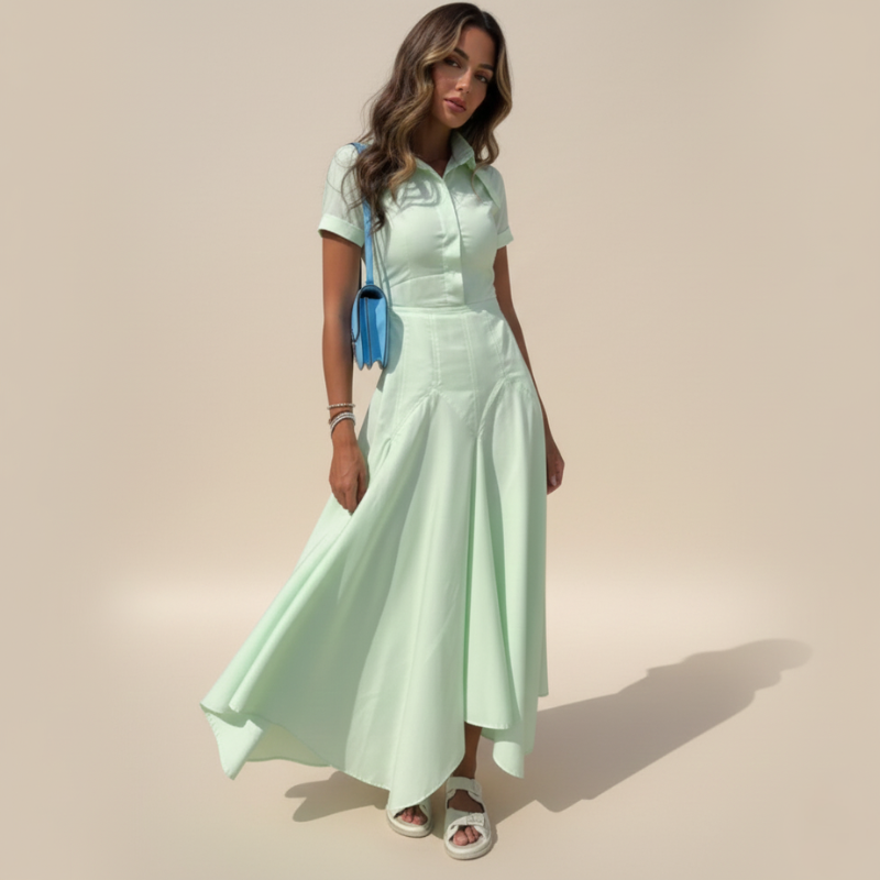 Elegante vestito midi in stile camicia con taglio aderente e gonna fluida per donne – Femminile e Stiloso