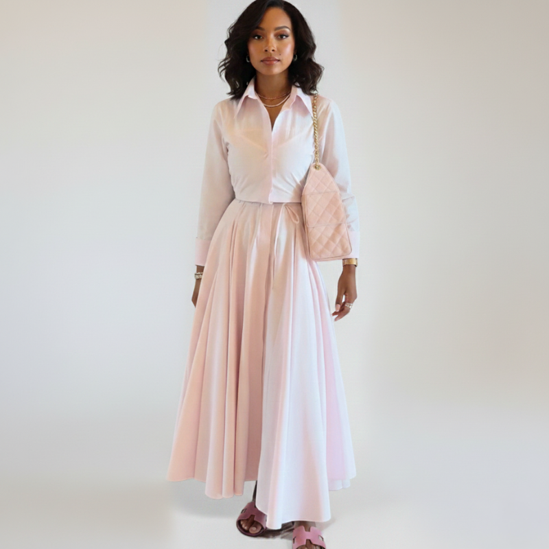Elegante vestito midi in stile camicia con taglio aderente e gonna fluida per donne – Femminile e Stiloso