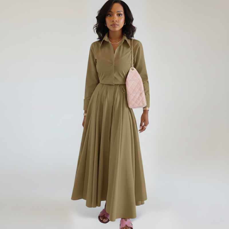 Elegante vestito midi in stile camicia con taglio aderente e gonna fluida per donne – Femminile e Stiloso