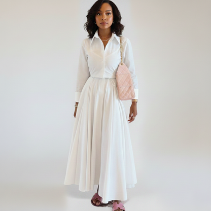 Elegante vestito midi in stile camicia con taglio aderente e gonna fluida per donne – Femminile e Stiloso