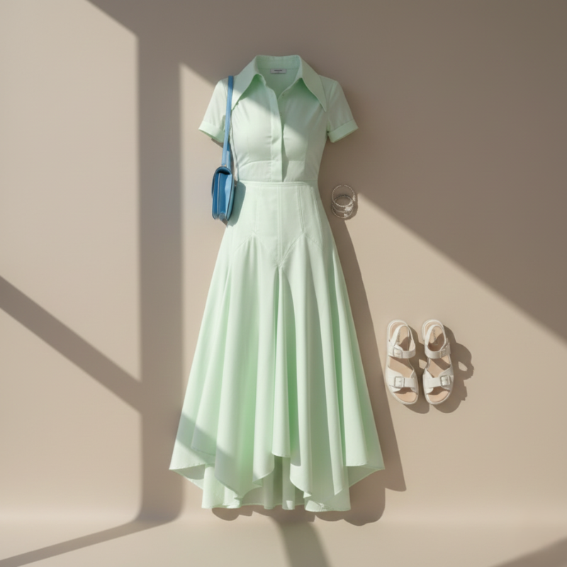 Elegante vestito midi in stile camicia con taglio aderente e gonna fluida per donne – Femminile e Stiloso