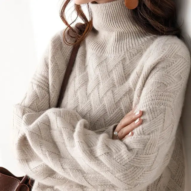 Aurélie - Maglione di cashmere lussuoso con colletto alto per la primavera, vestibilità ampia, con motivo all'uncinetto