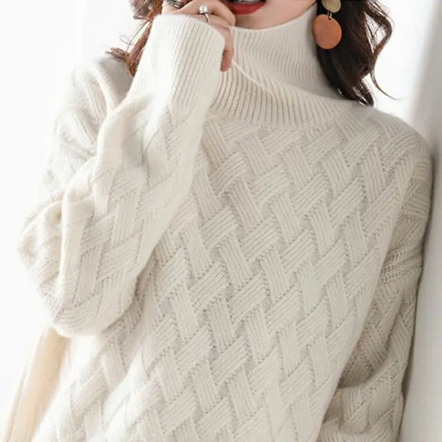Aurélie - Maglione di cashmere lussuoso con colletto alto per la primavera, vestibilità ampia, con motivo all'uncinetto
