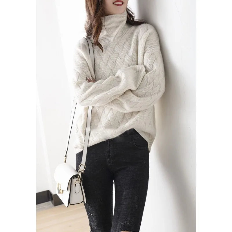 Aurélie - Maglione di cashmere lussuoso con colletto alto per la primavera, vestibilità ampia, con motivo all'uncinetto