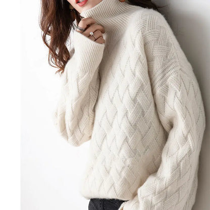 Aurélie - Maglione di cashmere lussuoso con colletto alto per la primavera, vestibilità ampia, con motivo all'uncinetto