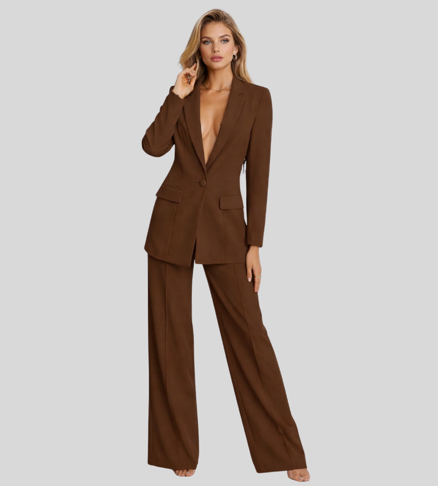 Elegante completo pantaloni da donna con blazer – Scollo profondo e pantaloni larghi