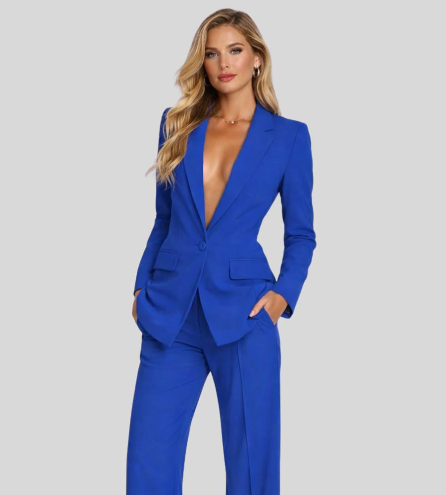 Elegante completo pantaloni da donna con blazer – Scollo profondo e pantaloni larghi