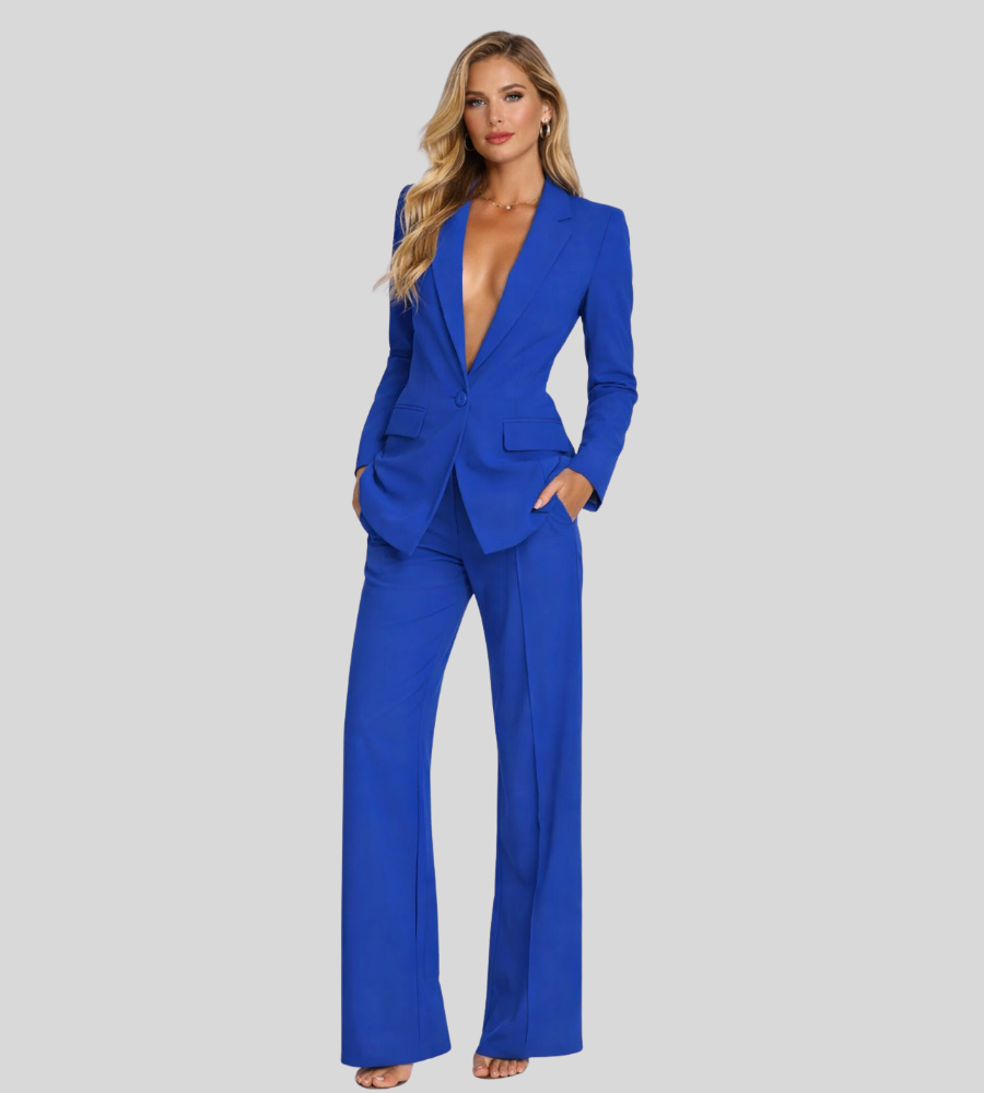 Elegante completo pantaloni da donna con blazer – Scollo profondo e pantaloni larghi