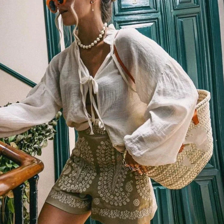 Shorts ricamati a vita alta per donne – Shorts estivi Boho con motivo ornamentale e vestibilità ampia