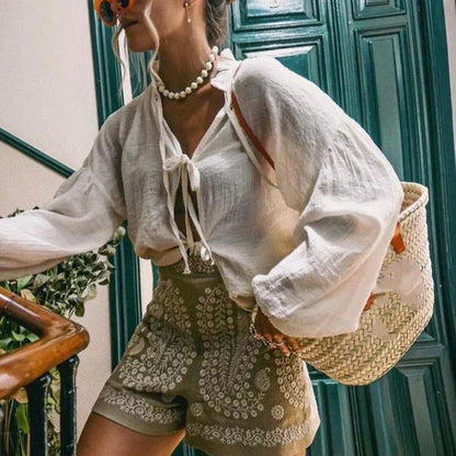 Shorts ricamati a vita alta per donne – Shorts estivi Boho con motivo ornamentale e vestibilità ampia