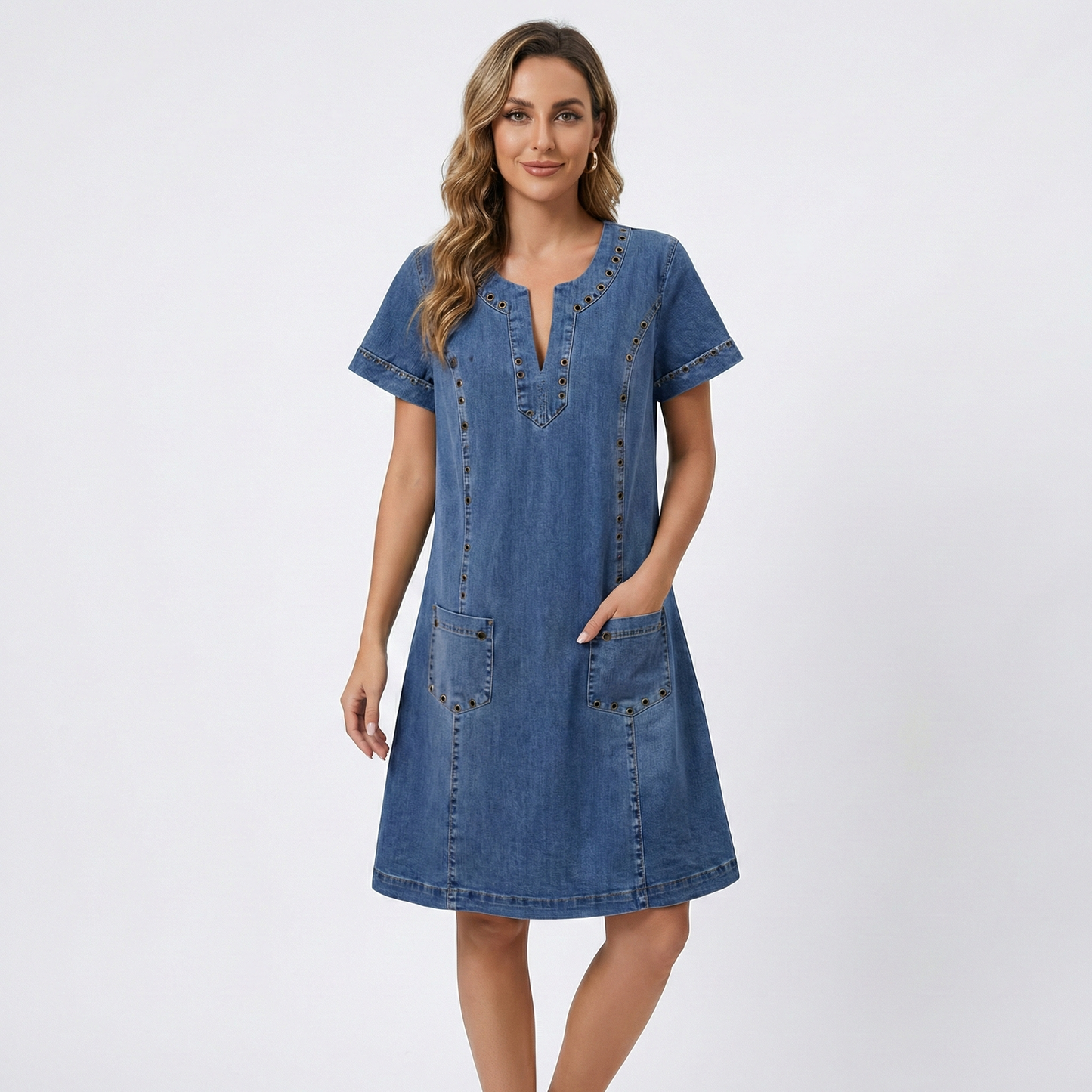 Abito in jeans con scollo a V per donne – Abito casual a maniche corte con tasche e vestibilità comoda