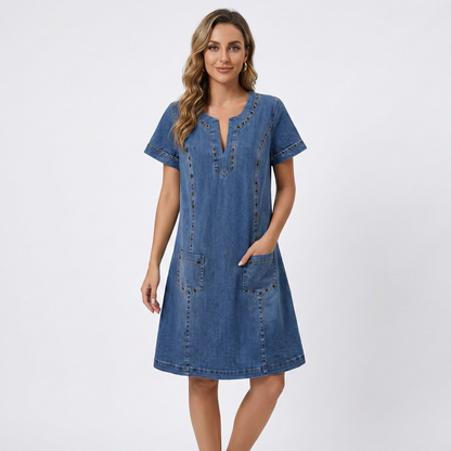 Abito in jeans con scollo a V per donne – Abito casual a maniche corte con tasche e vestibilità comoda