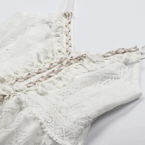 Maëlyne - Indispensabile in estate | Abito maxi femminile in pizzo bianco con spalline sottili, scollo a V e finitura a pois