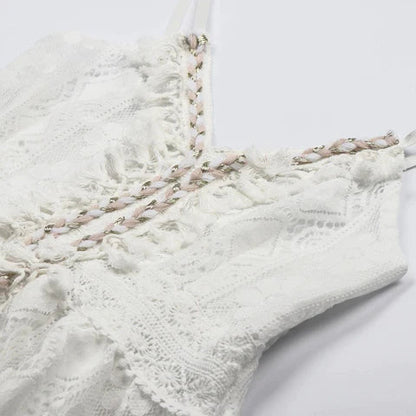 Maëlyne - Indispensabile in estate | Abito maxi femminile in pizzo bianco con spalline sottili, scollo a V e finitura a pois