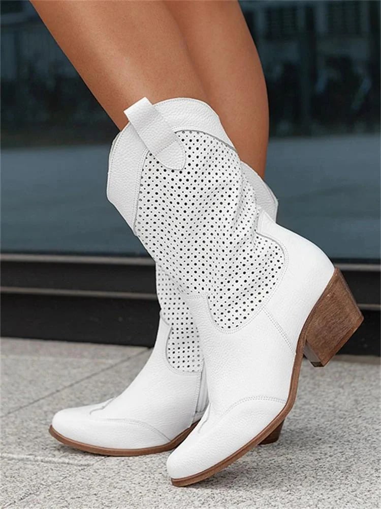 Théa - Stivaletti Western con Perforazione | Camoscio | Tacco a Blocco | Chic Casual