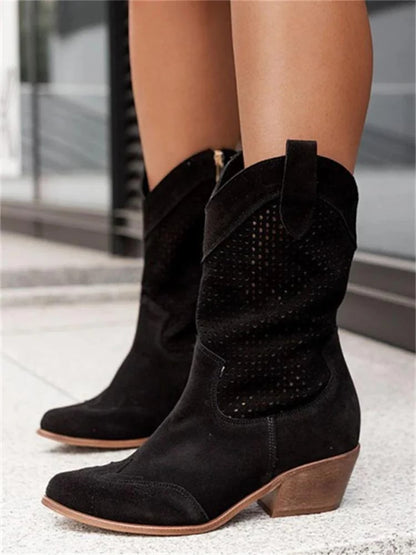 Théa - Stivaletti Western con Perforazione | Camoscio | Tacco a Blocco | Chic Casual
