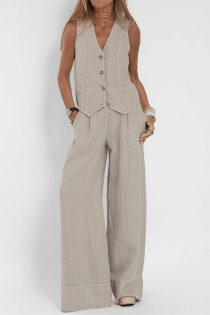 Set due pezzi in lino per donne – Elegante top con gilet e pantaloni larghi a vita alta